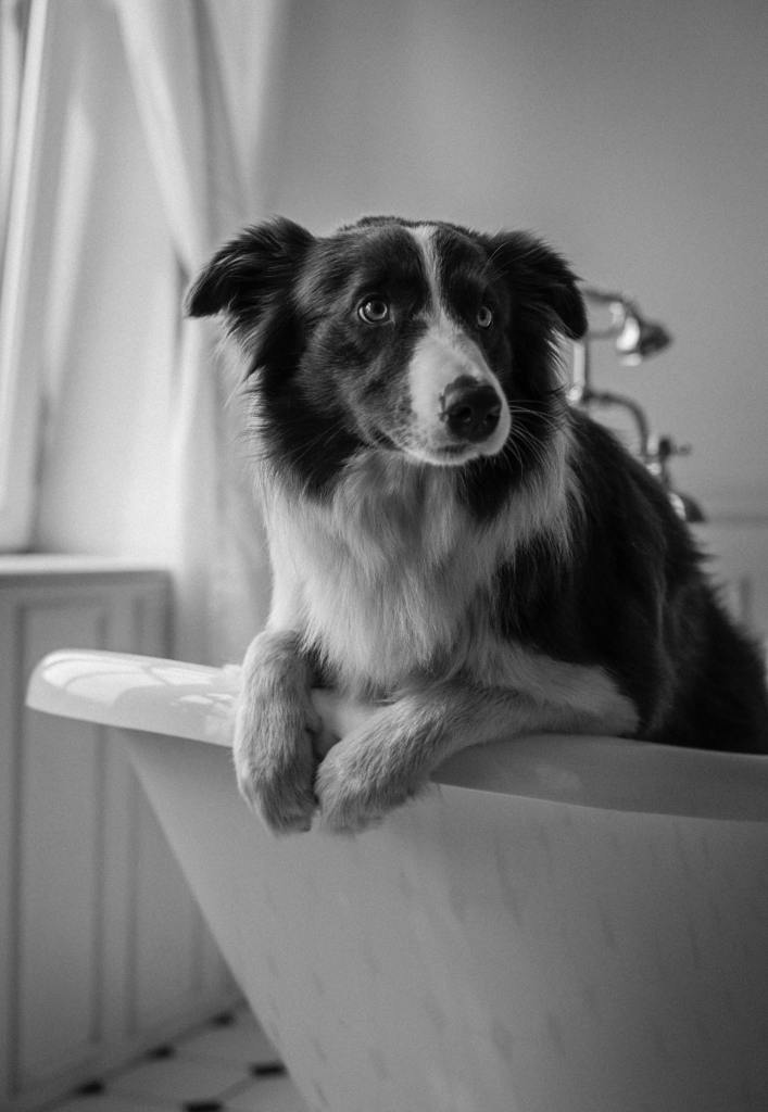black-and-white-photo-of-border-collie-in-a-bathtub